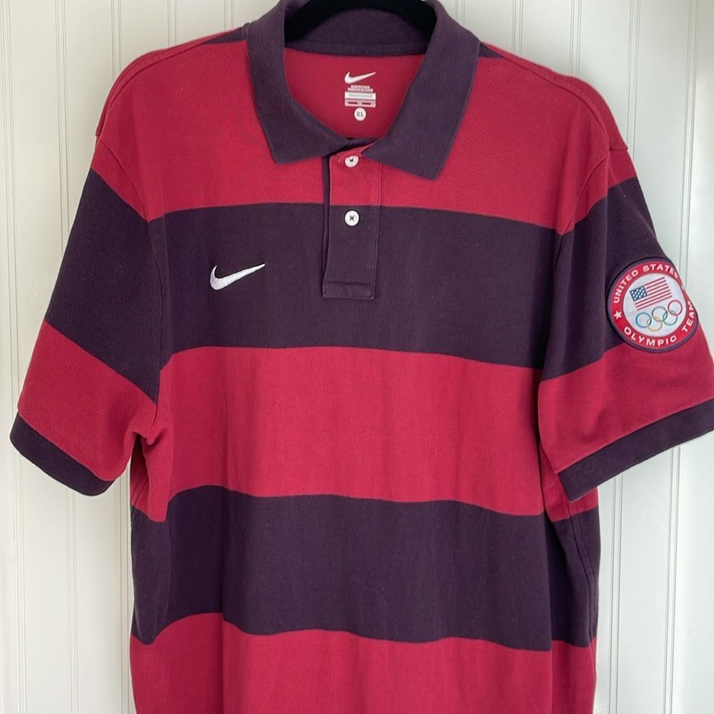 Nike Men’s Rugby Polo‎ Striped Burgundy And Plum US Olympic Team Patch Swoosh XL